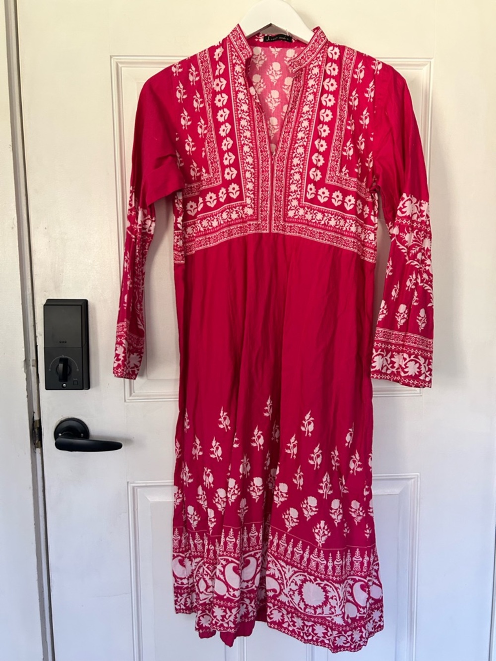 Hot Pink Printed V-Neck Midi Dress with White Accents